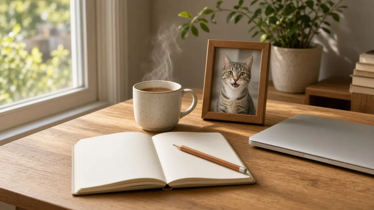 A tidy wooden desk with an open notebook, a mug of tea and a framed photo of a tabby cat by a window