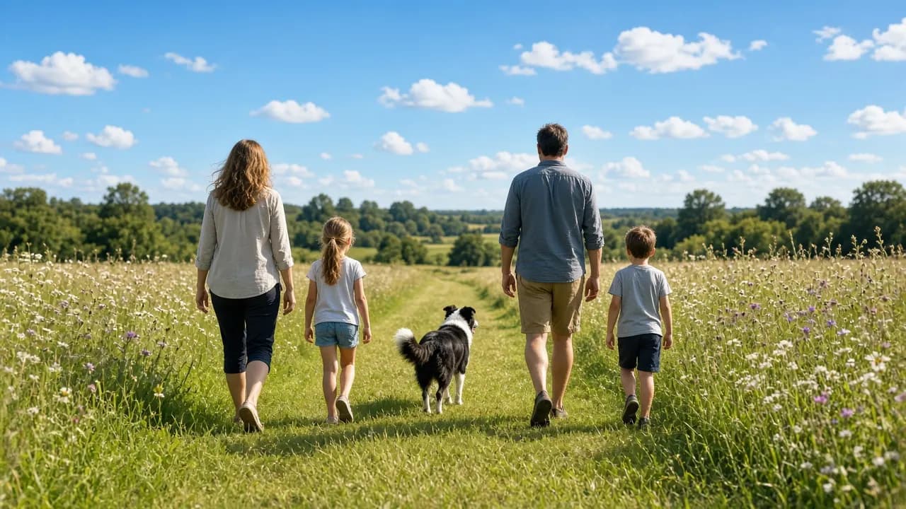 A family walking with a young border collie along a mown path through a wildflower meadow on a bright morning