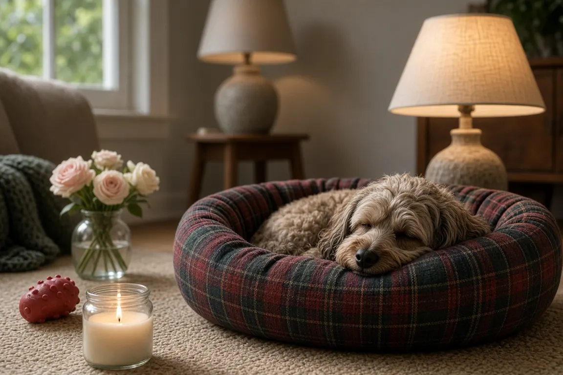A quiet living room corner in soft evening lamplight with a round tartan pet bed on a rug, a glass jar candle, a small vase of garden roses and a red rubber toy