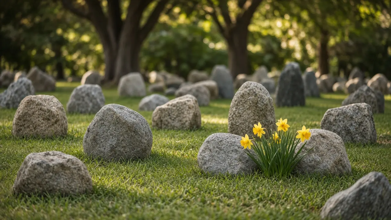 Rows of small granite and natural-stone pet grave markers in a well-kept, tree-shaded cemetery lawn in late-afternoon spring sunshine, with daffodils by one stone