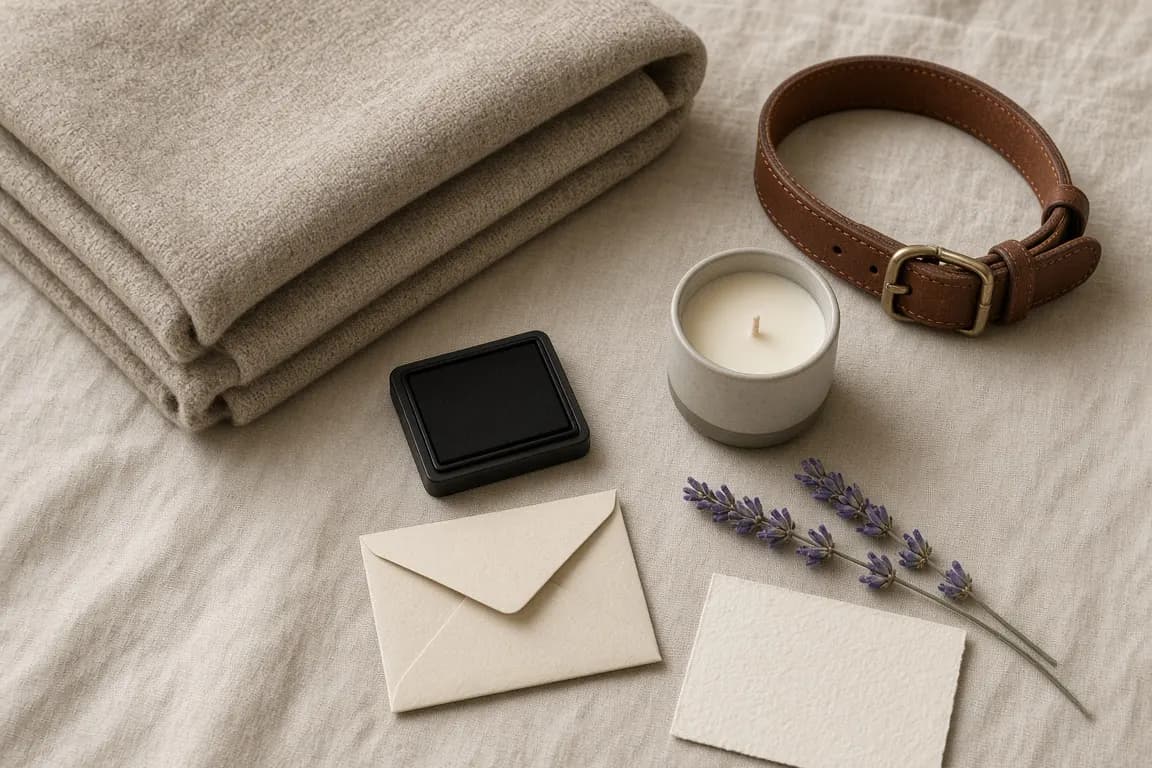 A flat lay on a linen tablecloth showing a folded blanket, a leather collar, an ink pad, a small envelope, a jar candle, a sprig of lavender and a handwritten card