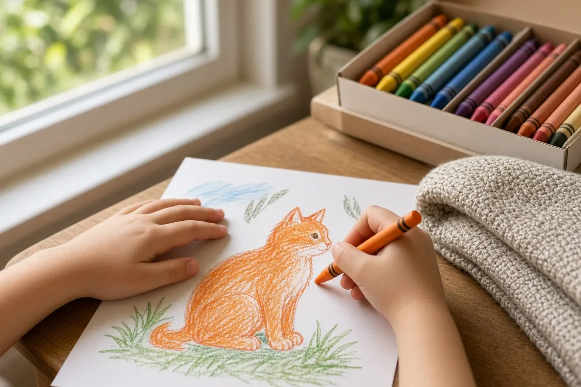 A young child's hands coloring a crayon drawing of an orange cat beside a sunny window, with a box of crayons and a folded blanket nearby