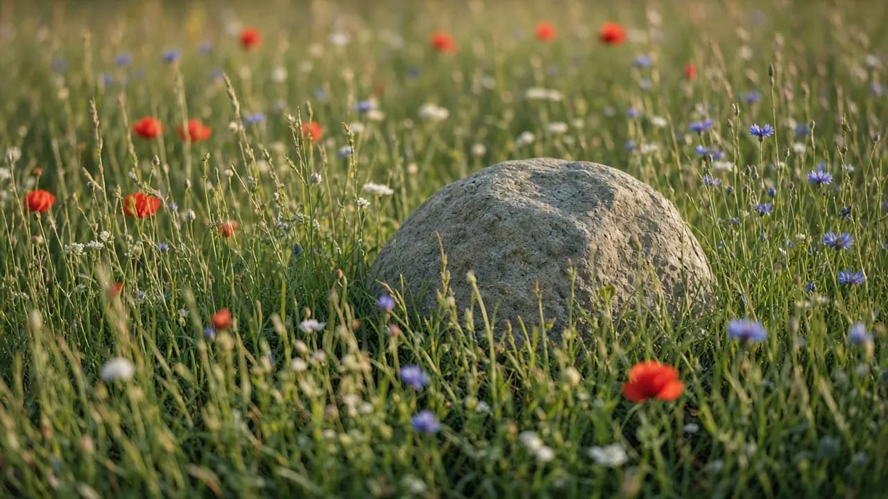 A simple natural burial spot in a wildflower meadow marked by a rough, uncarved river stone, with long grass, poppies and cornflowers around it in summer light