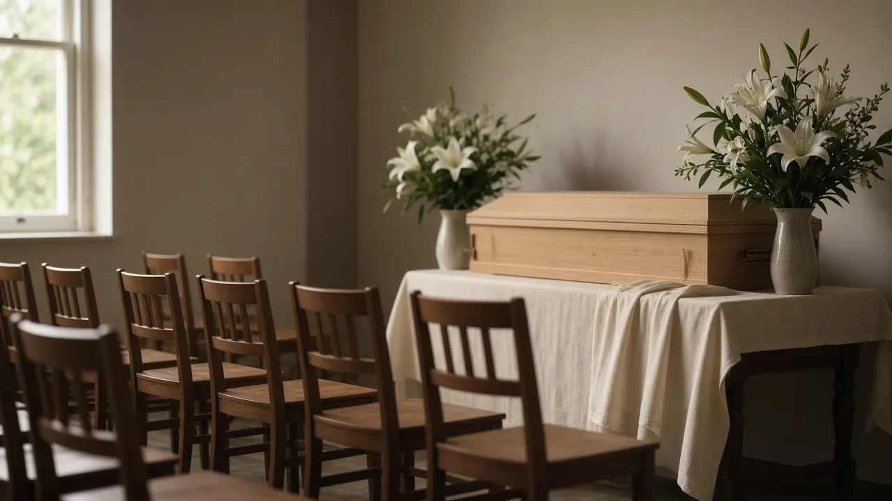 A small, simply furnished remembrance chapel with rows of wooden chairs, a draped side table holding a closed pine casket, and white lilies in tall vases