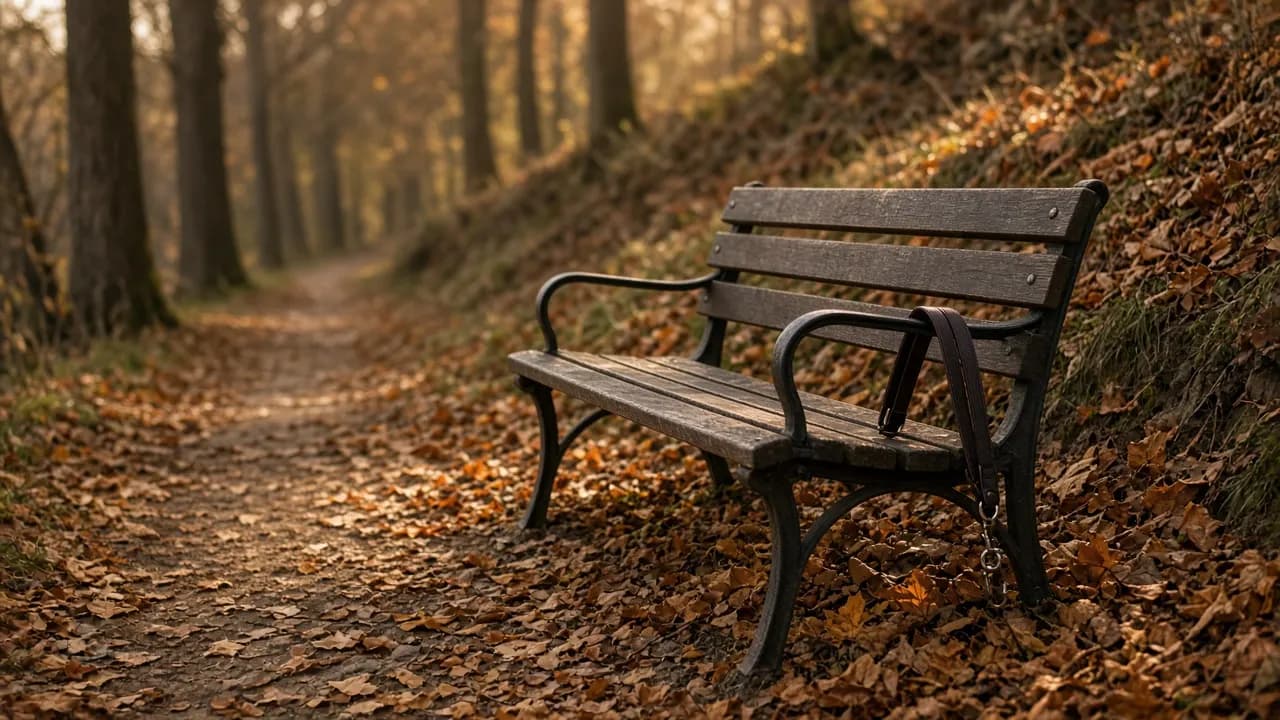A lone wooden bench on a hillside path in soft autumn light, with a dog lead looped over one arm of the bench and fallen leaves around it