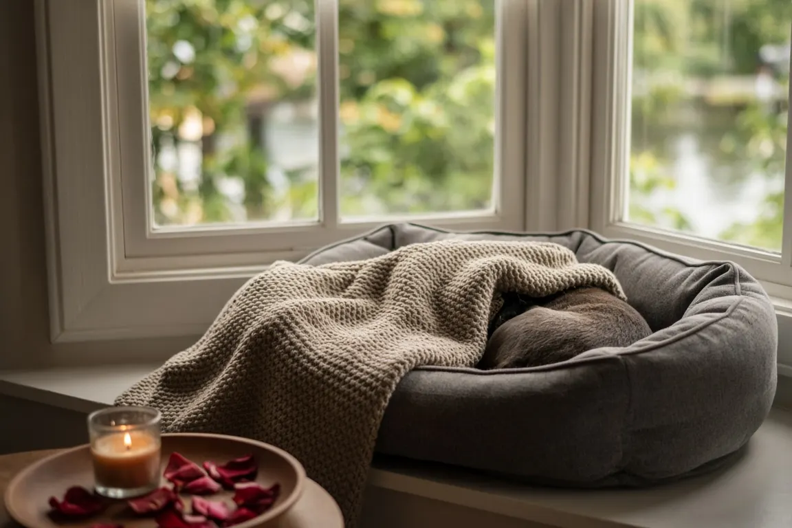 A sunny bay window with a soft grey dog bed, a folded knitted blanket, a lit candle in a glass holder and a small bowl of rose petals
