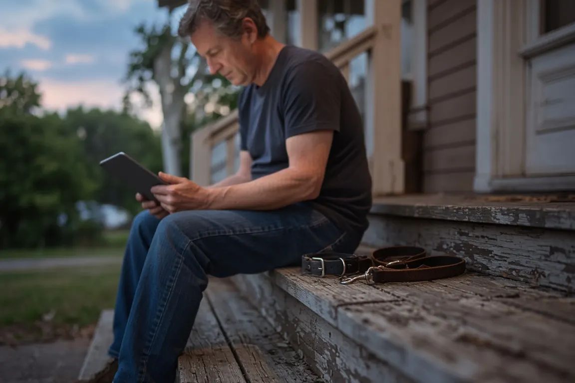 A man sitting on a porch step at dusk reading on a tablet, a grey-muzzled beagle's lead and collar resting on the step beside him
