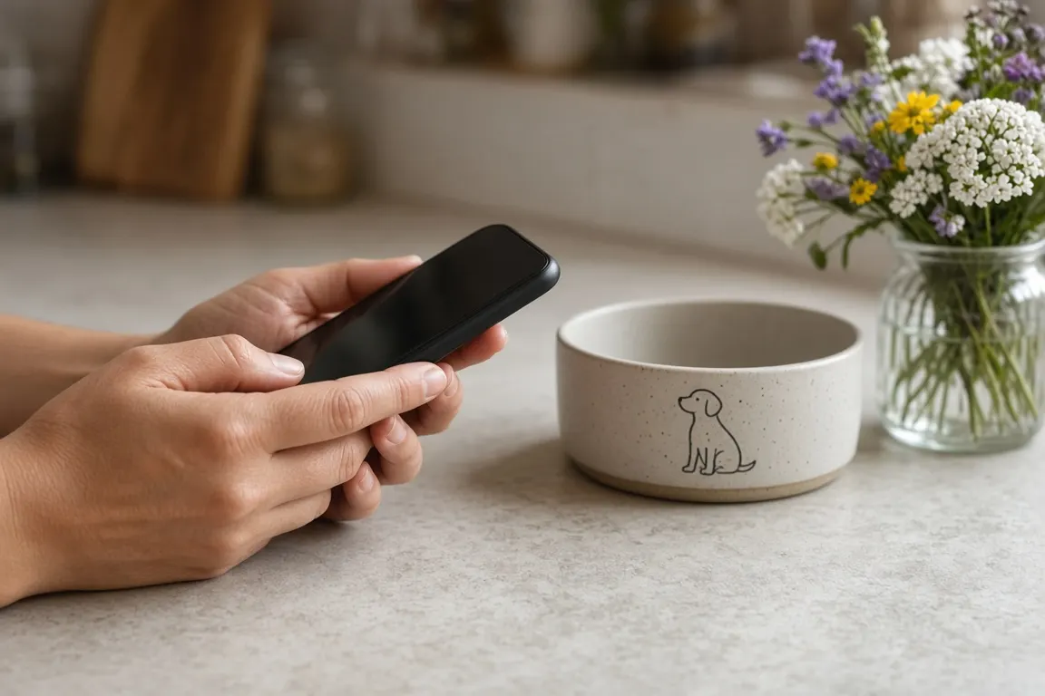 Two hands holding a phone over a kitchen counter beside a ceramic dog bowl and a small bunch of garden flowers in a glass