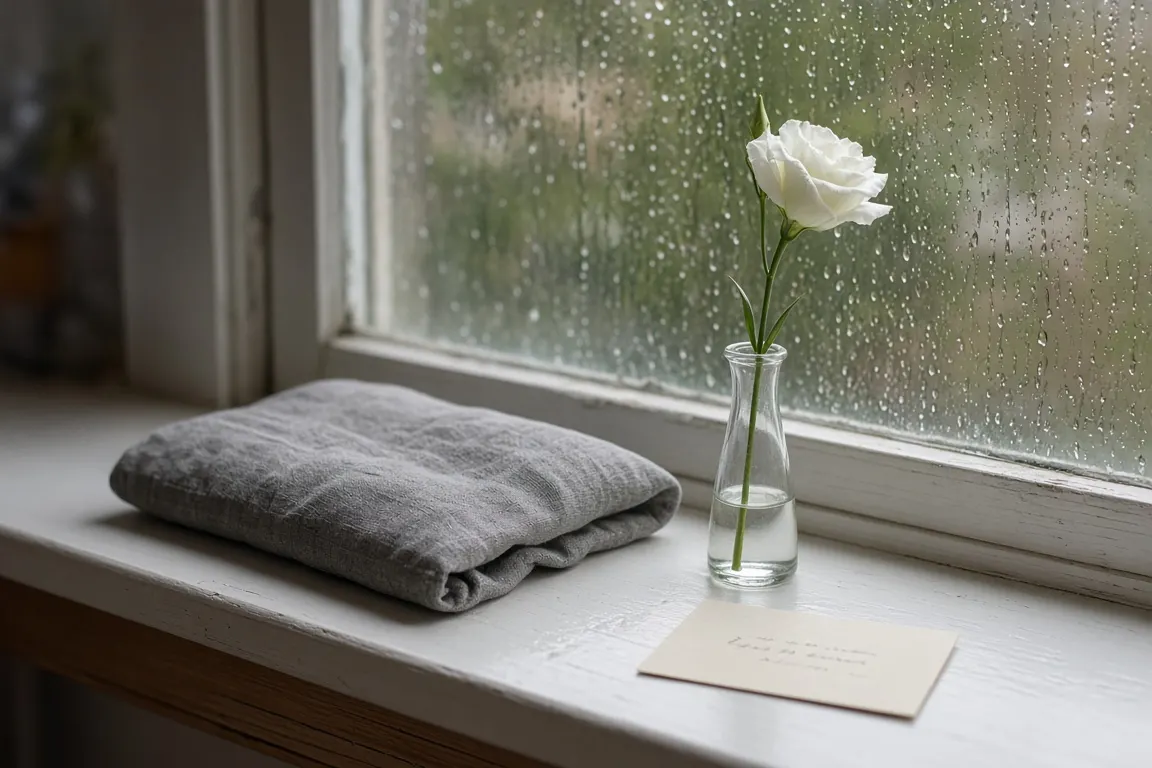 An empty wide windowsill with a folded grey cushion, a handwritten card and a single stem of white lisianthus in a narrow vase, rain on the glass