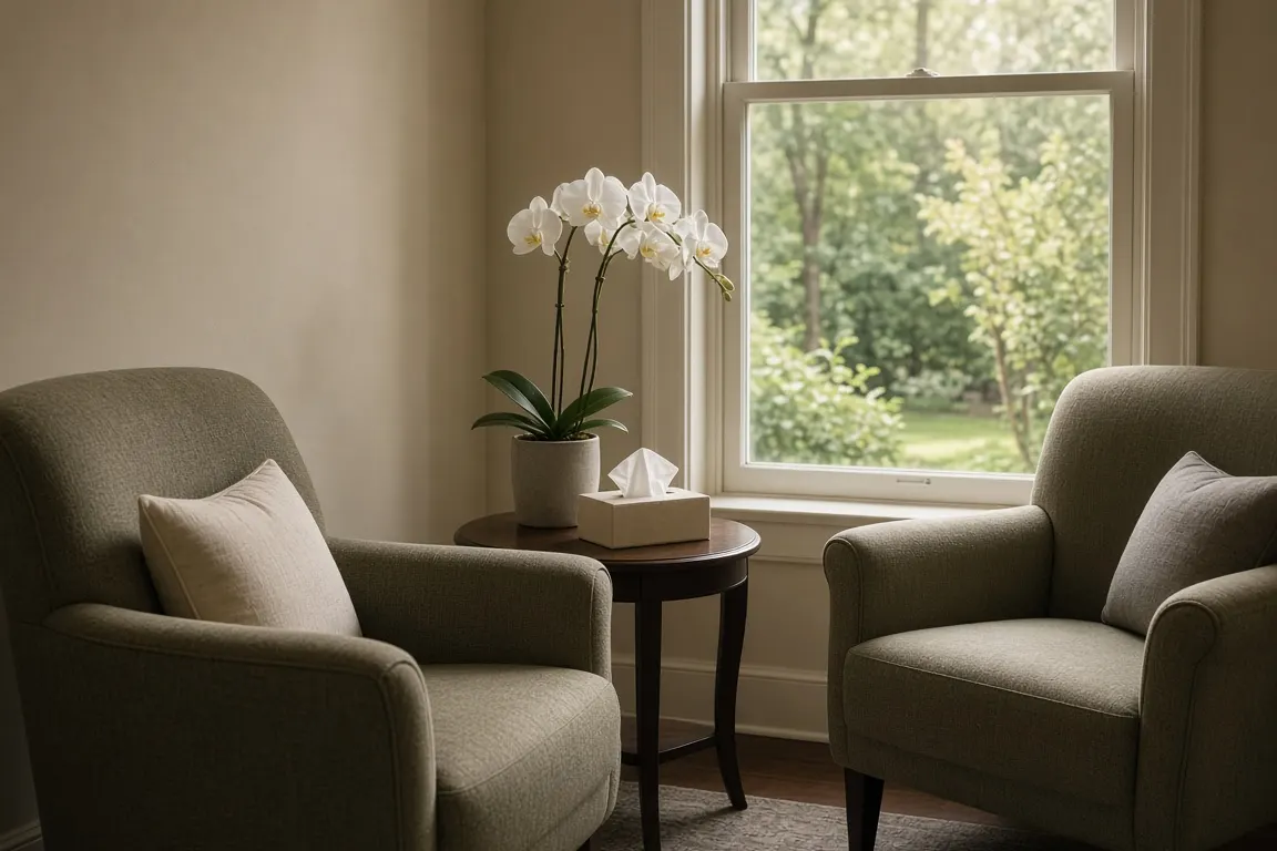 A quiet, softly lit waiting room with two armchairs, a small side table with a box of tissues and a pot of white orchids, and a window onto a garden