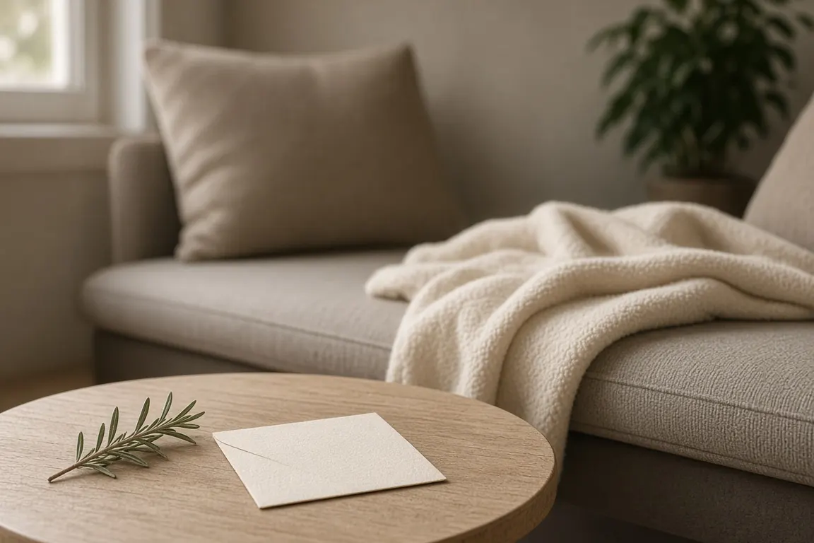 A calm farewell room at a pet crematory with a padded bench, a folded cream blanket, a sprig of rosemary and a handwritten card on a low table