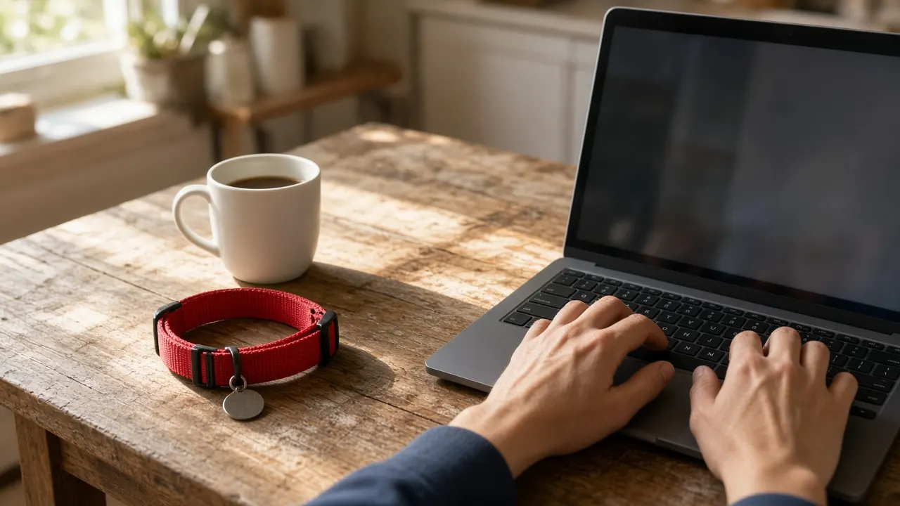 A person's hands typing on a laptop at a kitchen table beside a dog's red collar and a cup of coffee