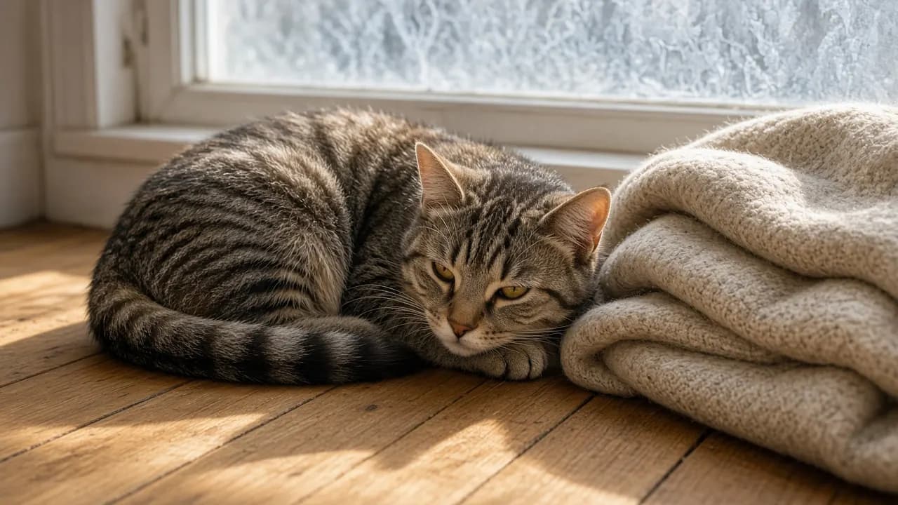 A grey tabby cat curled in a patch of winter sunlight on a wooden floor beside a folded wool blanket