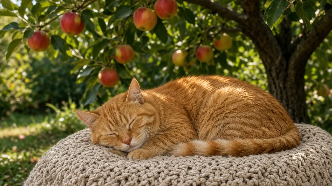 An elderly ginger cat dozing on a knitted blanket beneath an apple tree in late summer light