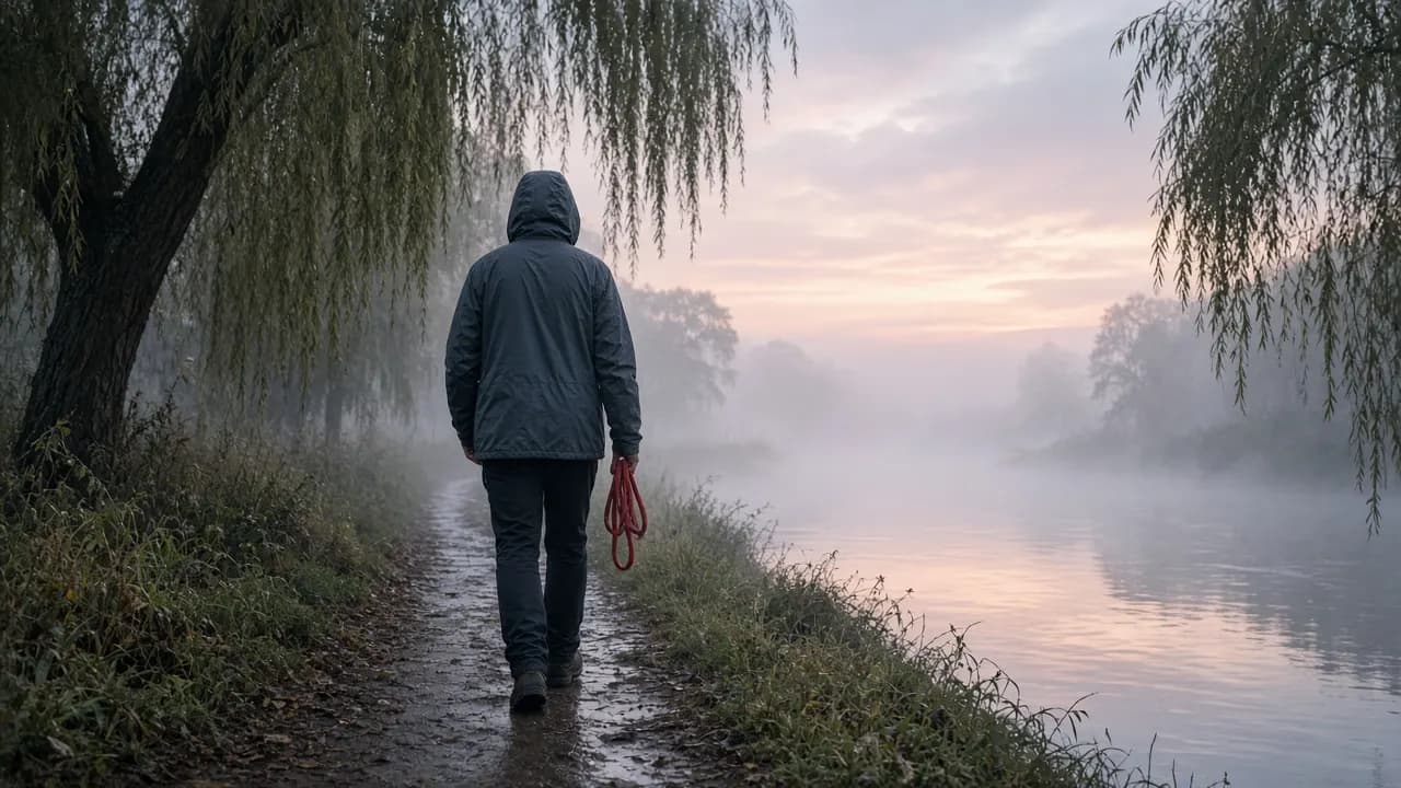 A person walking alone along a misty riverside path at dawn, holding a coiled dog leash