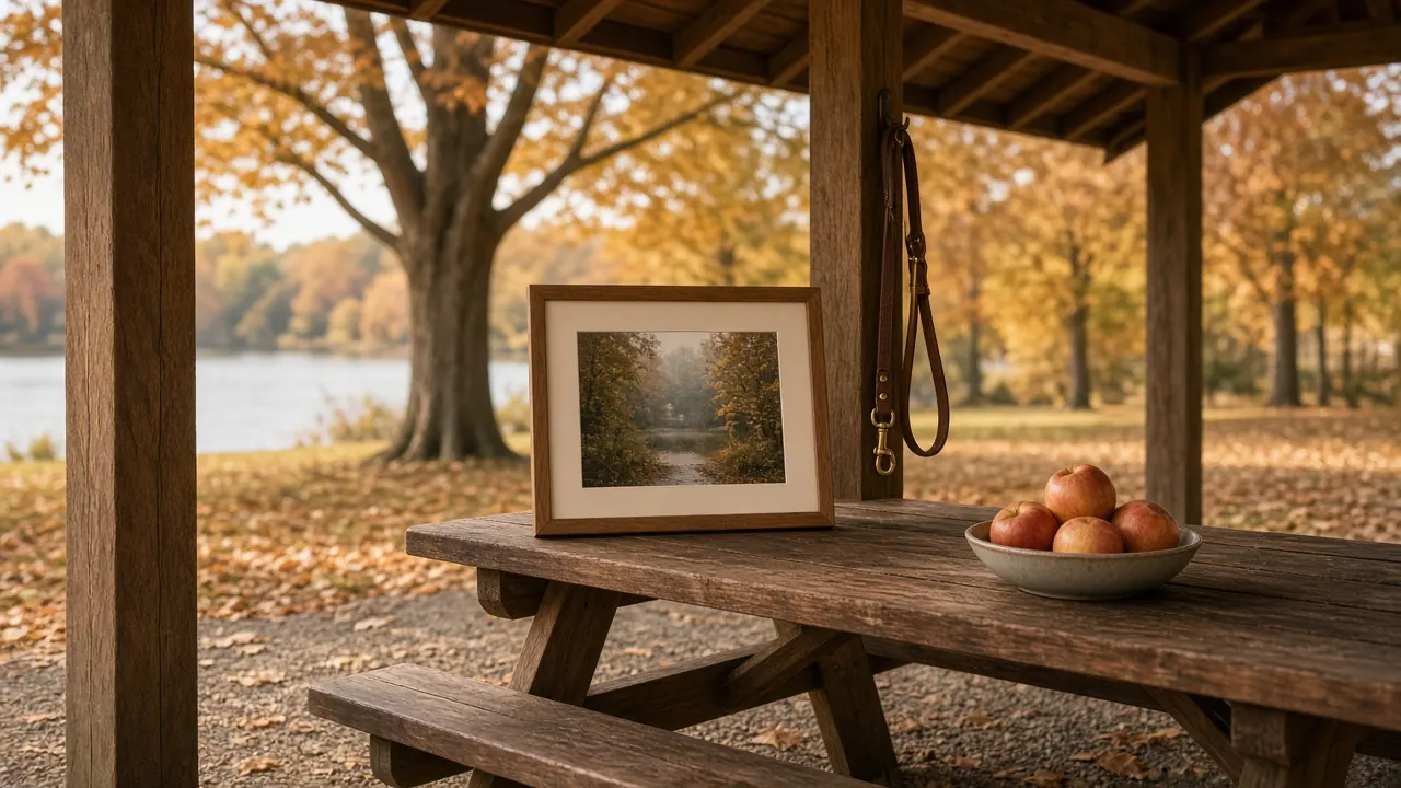 A wooden park pavilion on a bright autumn afternoon with a picnic table set with a photo board, a dog leash on a hook and a bowl of apples