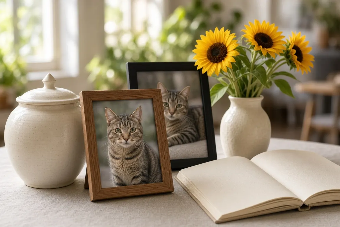 A memorial table in a bright community room with framed photos of a tabby cat, a ceramic urn, a small vase of sunflowers and an open memory book