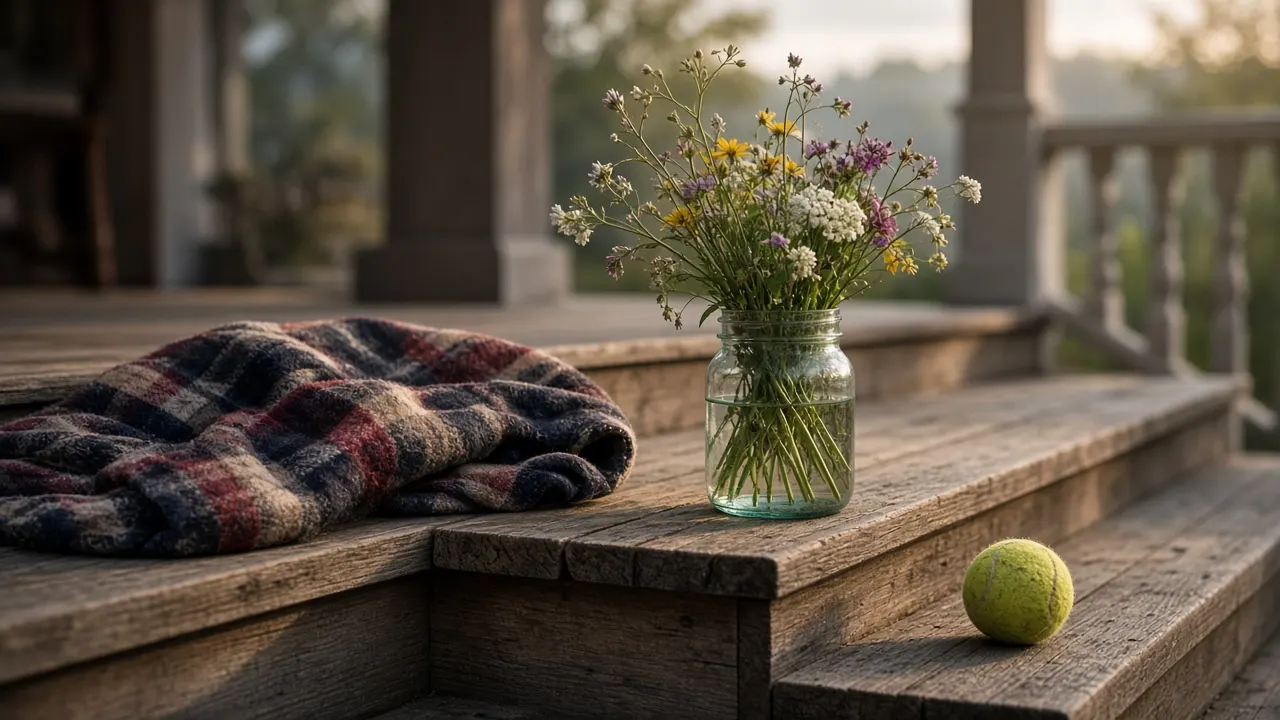 A wooden porch at early morning with a folded plaid blanket, a mason jar of wildflowers and a worn tennis ball on the steps
