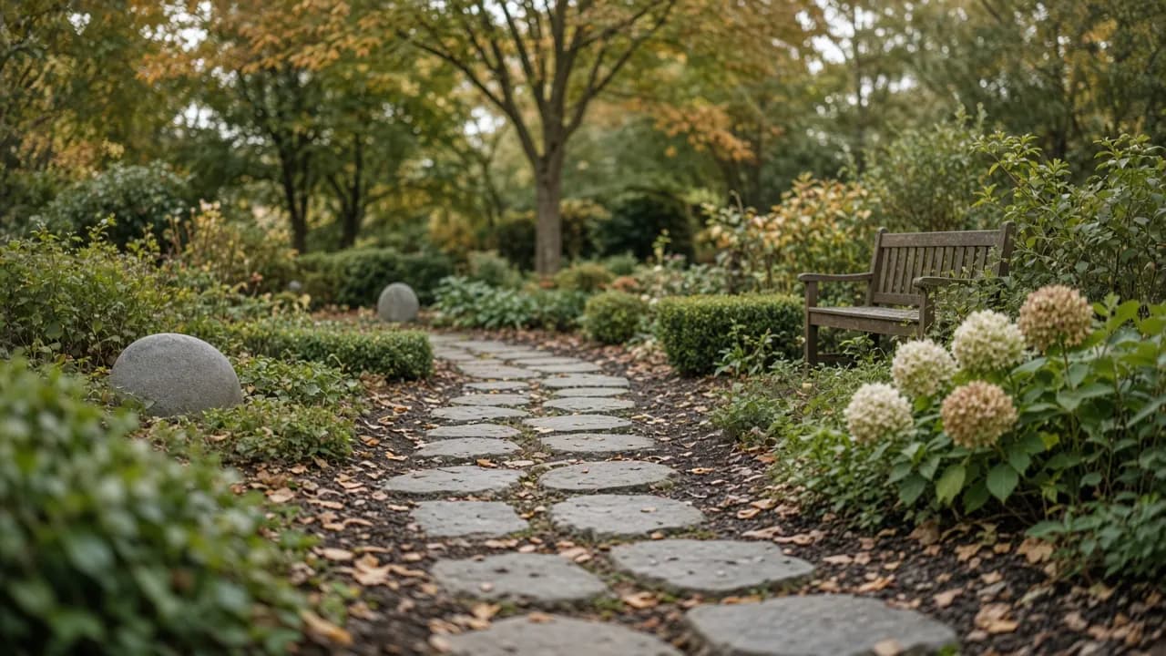 A stone path winding through a quiet memorial garden in early autumn, with low hedges, a small bench and a few engraved garden stones among the plants