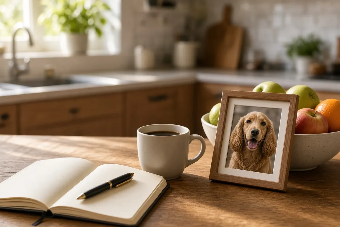 A kitchen table in morning light with an open notebook, a pen, a mug of coffee and a framed photo of a smiling spaniel propped against a fruit bowl