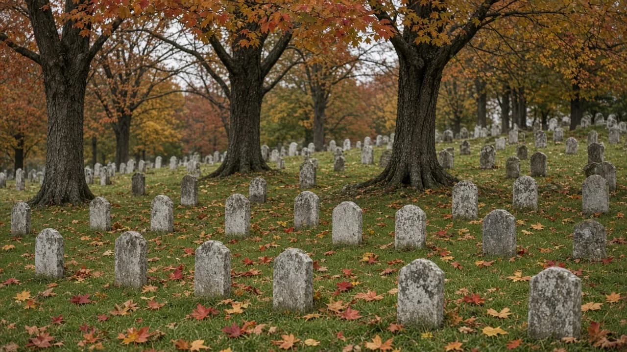 Rows of small weathered headstones under old maple trees in a quiet pet cemetery in autumn