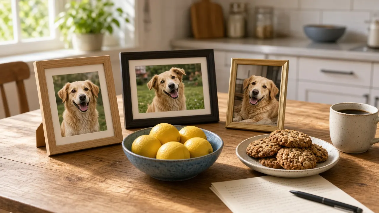 A kitchen table with framed dog photos, a bowl of lemons and a handwritten list beside a coffee cup, ready for a small gathering