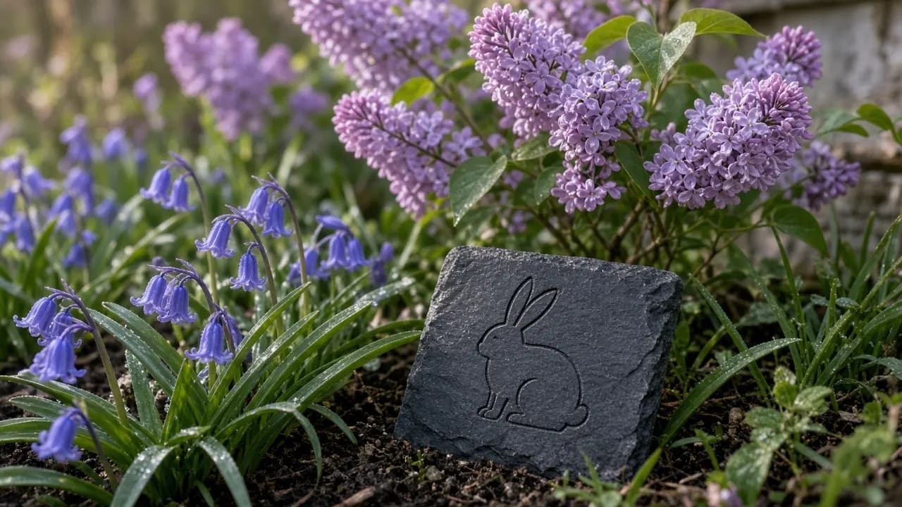 A small engraved slate marker set among spring bluebells beneath a lilac bush in a cottage garden