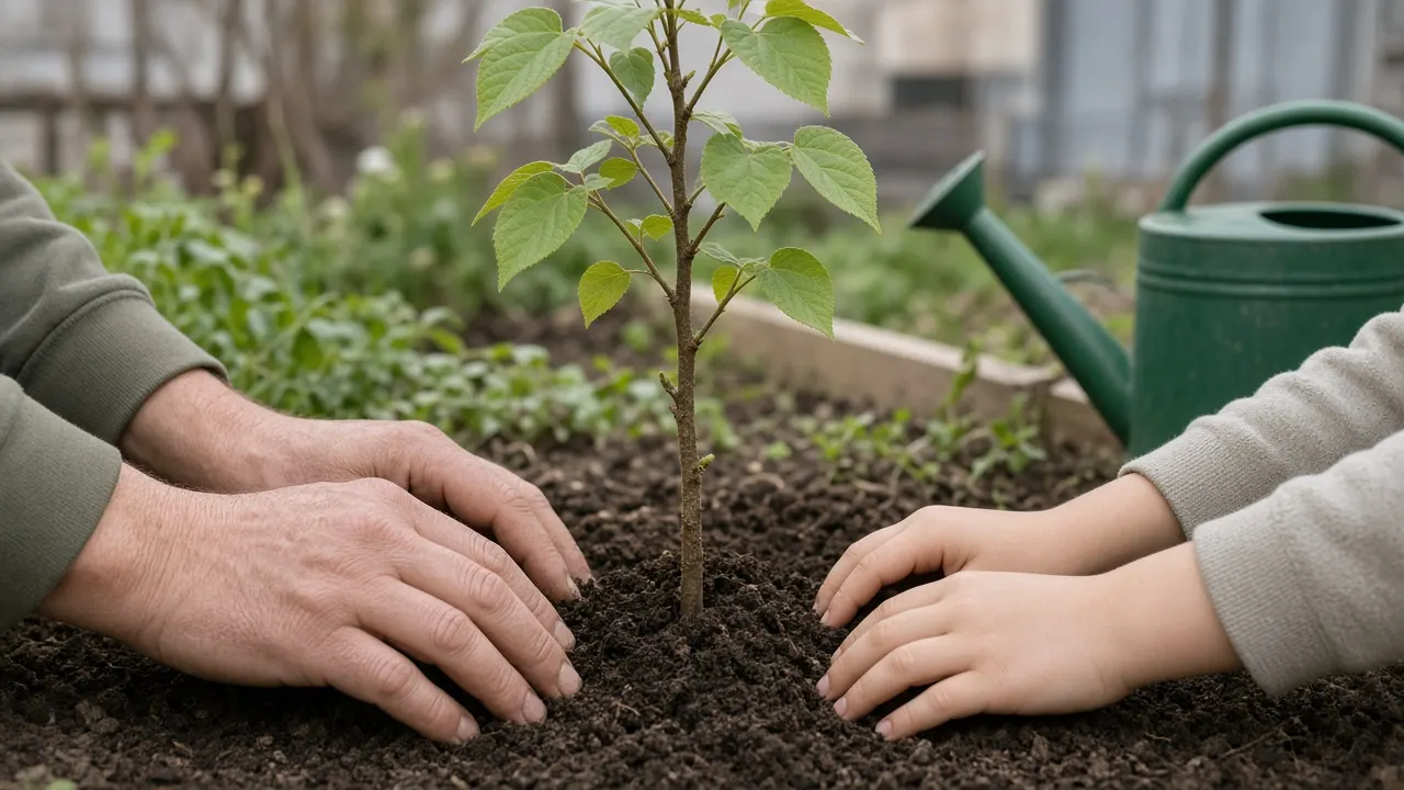 Two pairs of hands pressing soil around a young serviceberry sapling in a small city garden, a watering can beside them