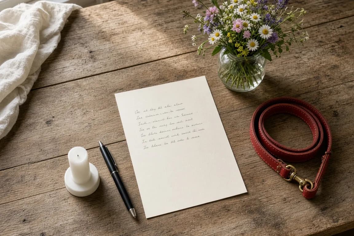 A kitchen table with a handwritten running order, a small vase of garden flowers and a leash coiled beside a candle