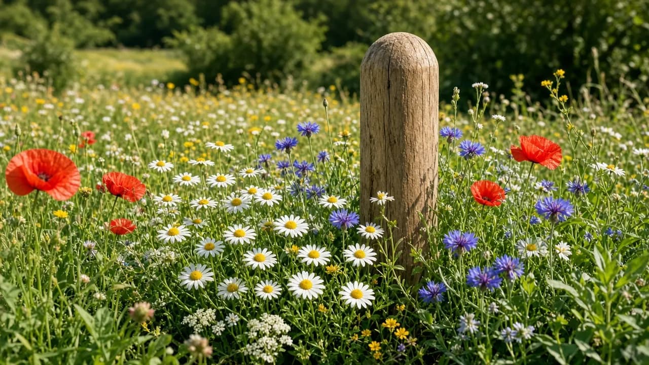 A small wooden grave marker surrounded by fresh wildflowers in a sunny meadow corner at the edge of a garden