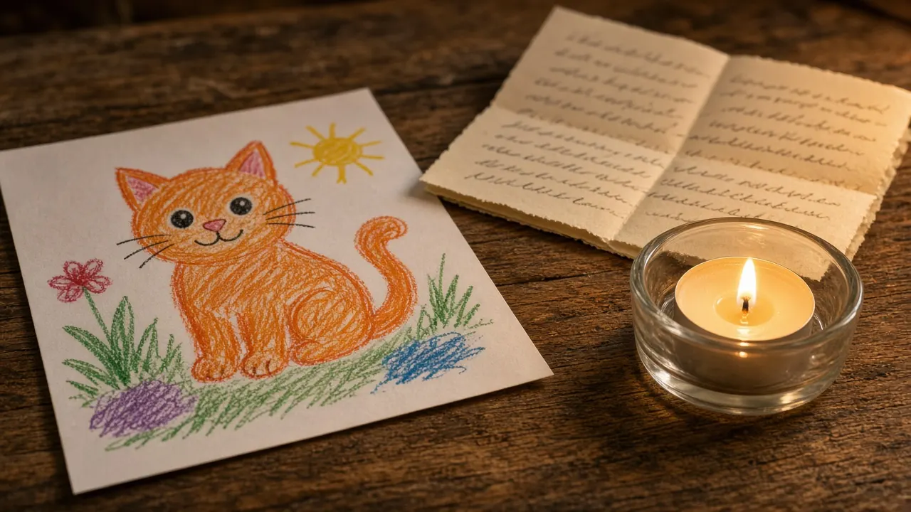 A child's crayon drawing of a cat beside a lit tea light and a handwritten letter on a wooden table