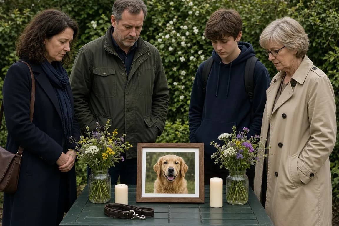 A small family gathered in a backyard around a framed photo of their dog on a table with candles and wildflowers