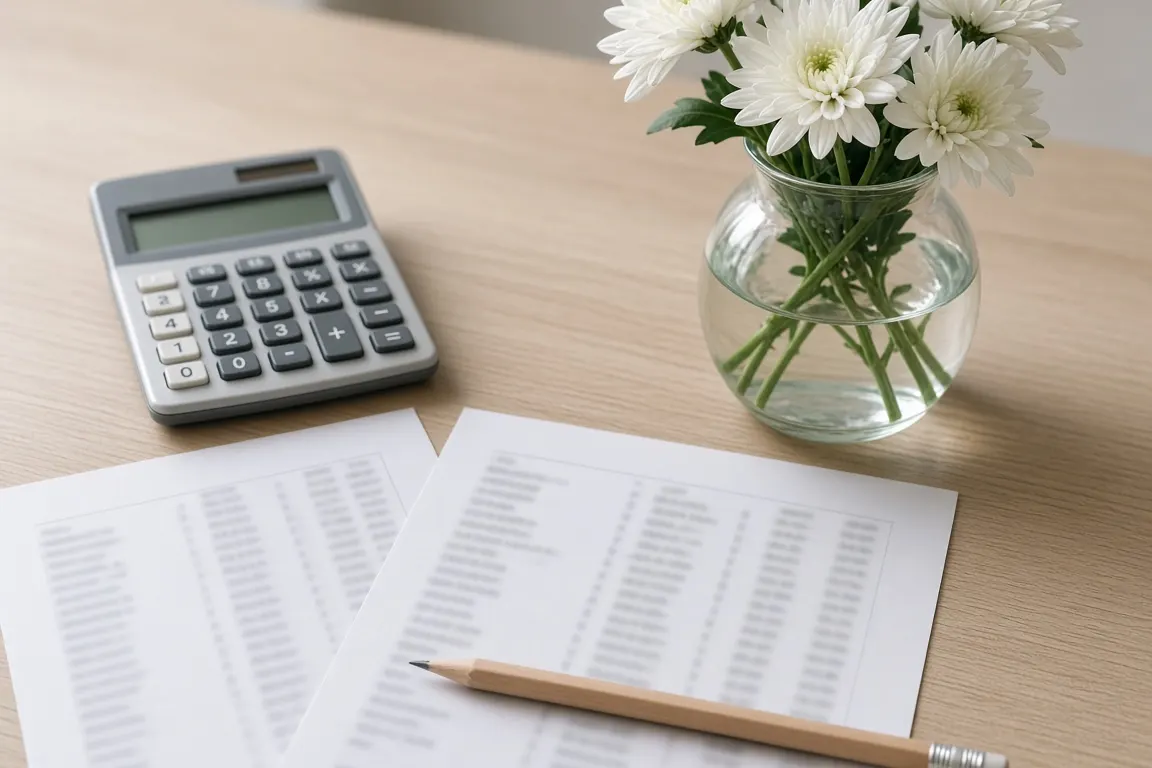 Printed price sheets and a calculator on a desk beside a small vase of white chrysanthemums