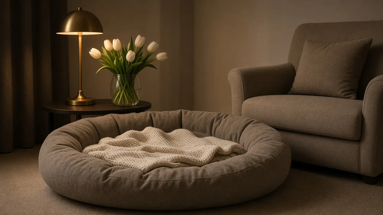 A calm farewell room with a cushioned pet bed, a knitted blanket, soft lamplight and a vase of white tulips