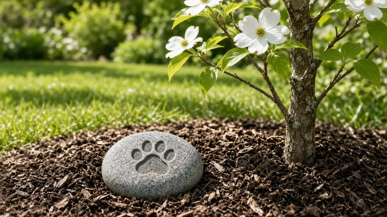 A small engraved granite garden stone beside a young flowering dogwood tree in spring sunshine